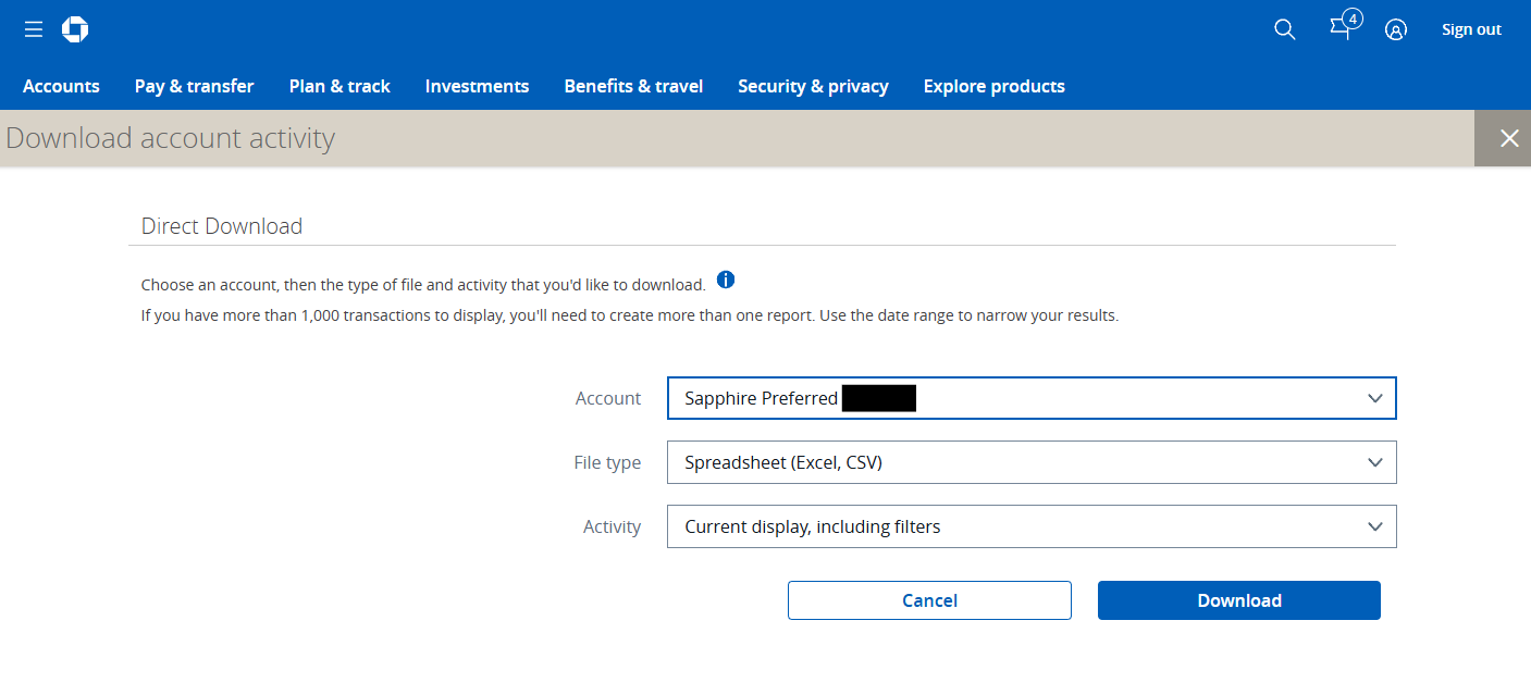 Chase Download Transactions Page